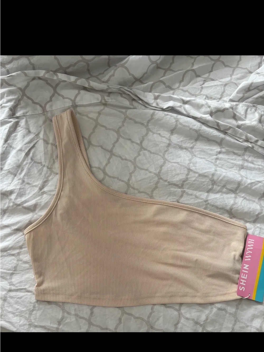 SHEIN Beige One-Shoulder Ribbed Crop Top
